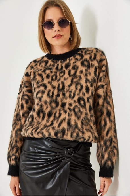 Leopardenmuster Rundhalsausschnitt Strickpullover - Image 3