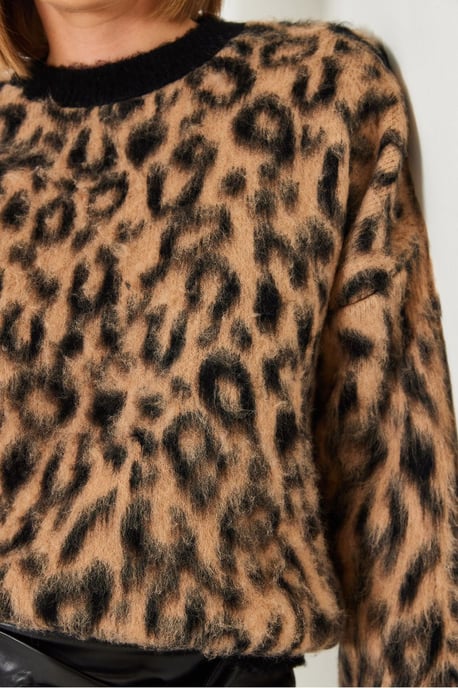 Leopardenmuster Rundhalsausschnitt Strickpullover - Image 4