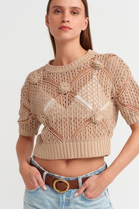 Damen Strukturierter Kurzpullover mit Rundhalsausschnitt - Image 3