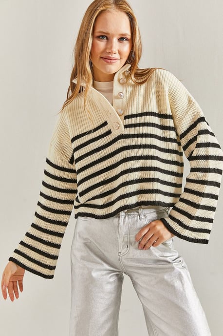 Gestreifter Knopfkragen Boxy Cropped Pullover - Image 2