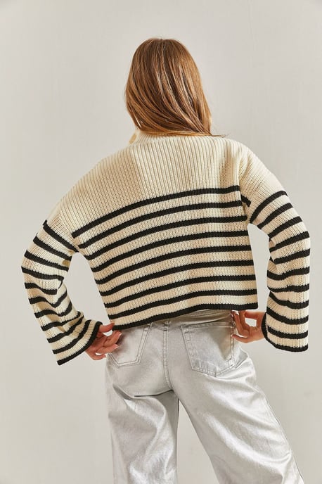 Gestreifter Knopfkragen Boxy Cropped Pullover - Image 3