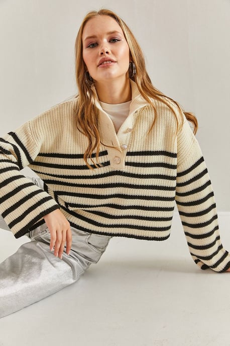 Gestreifter Knopfkragen Boxy Cropped Pullover - Image 4