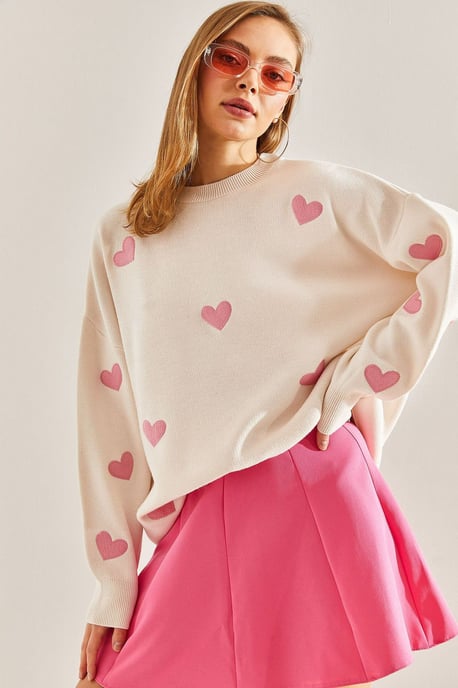 Herz-Muster Rundhals Strickpullover - Image 1