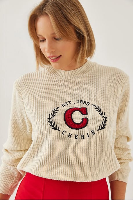 Bestickter Rundhalsausschnitt-Strickpullover - Image 1