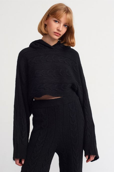Oversized Kabelstrick Cropped Kapuzenpullover - Image 3