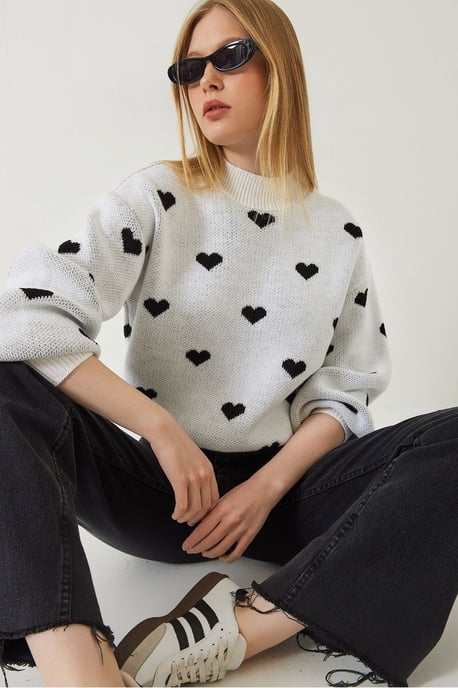 Herz-Muster Rundhalsausschnitt Relaxed Fit Pullover - Image 1