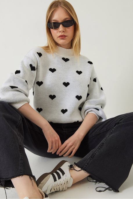 Herz-Muster Rundhalsausschnitt Relaxed Fit Pullover - Image 4