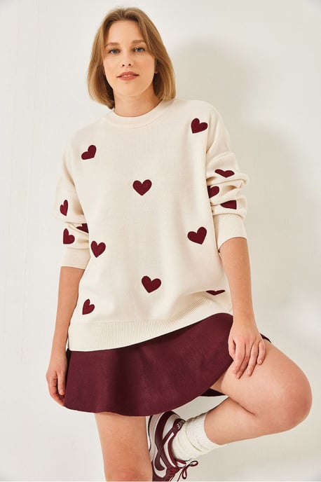 Herz-Muster Rundhalsausschnitt Strickpullover - Image 3
