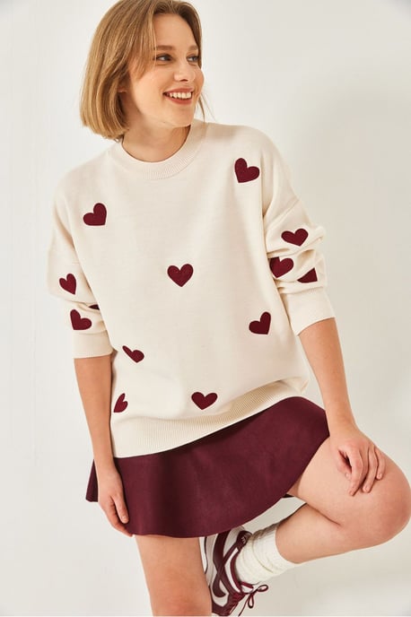 Herz-Muster Rundhalsausschnitt Strickpullover - Image 4