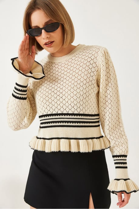 Rippstrick-Baklava-Muster Rundhals-Crop-Pullover - Image 1