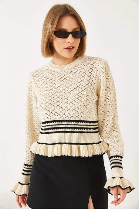 Rippstrick-Baklava-Muster Rundhals-Crop-Pullover - Image 3