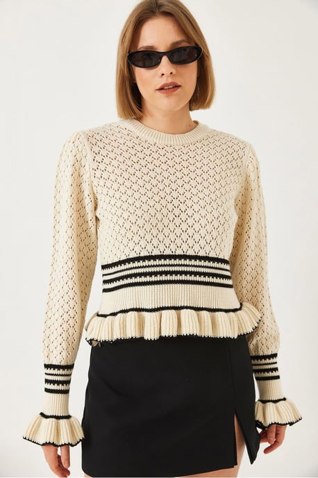 Rippstrick-Baklava-Muster Rundhals-Crop-Pullover - Image 4