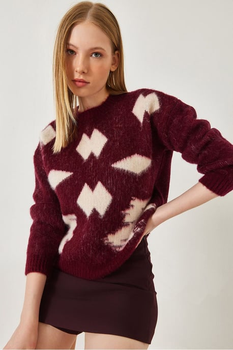 Gemusterter Rundhalsausschnitt Rippstrickpullover - Image 1