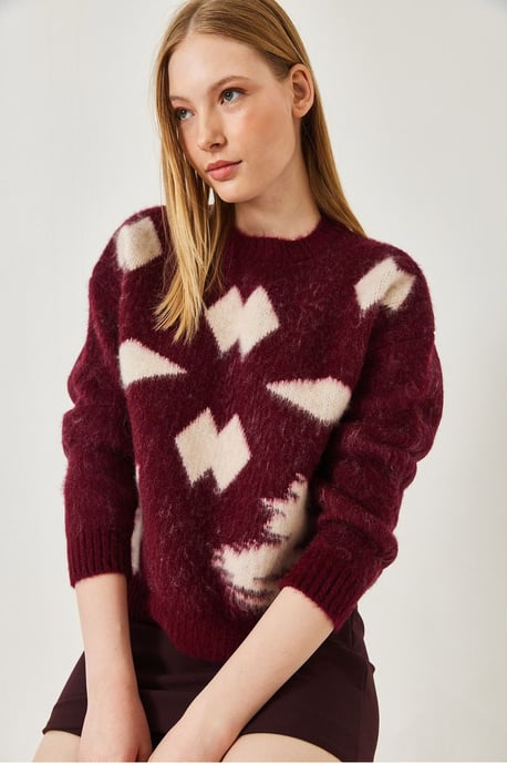 Gemusterter Rundhalsausschnitt Rippstrickpullover - Image 3