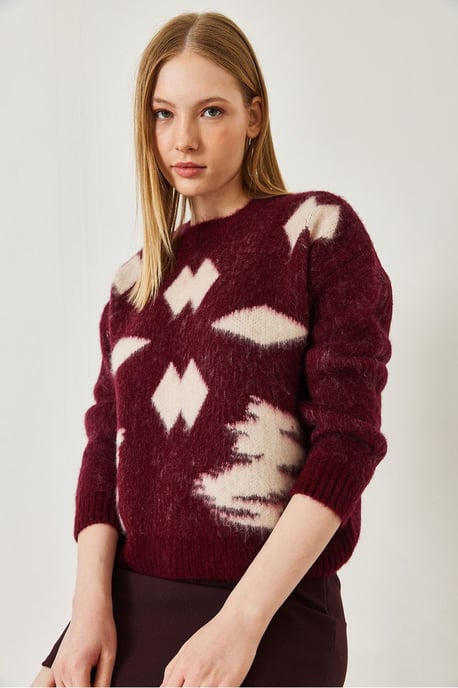 Gemusterter Rundhalsausschnitt Rippstrickpullover - Image 4