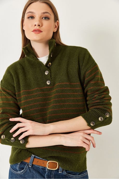Knopfkoller Gestreifter Strickpullover - Image 1