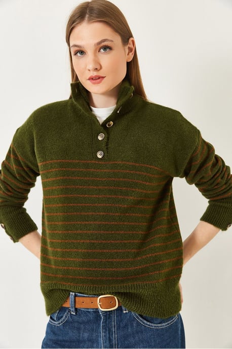 Knopfkoller Gestreifter Strickpullover - Image 2