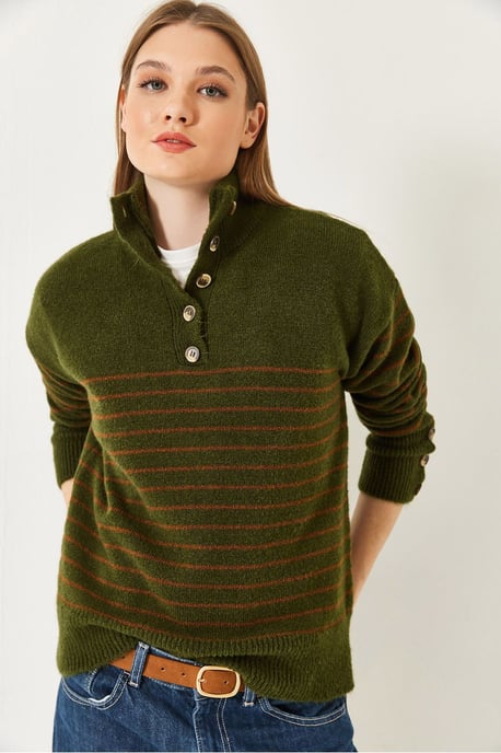 Knopfkoller Gestreifter Strickpullover - Image 3