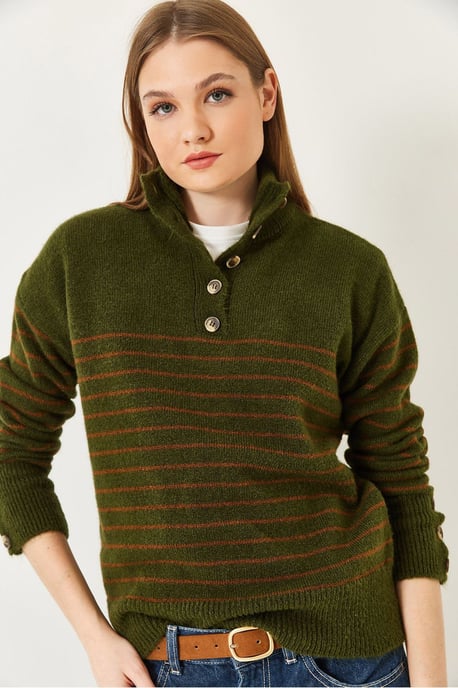 Knopfkoller Gestreifter Strickpullover - Image 4