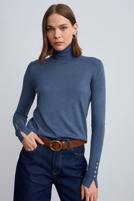 Damen Rollkragen Strickpullover mit Knöpfen - Image 3