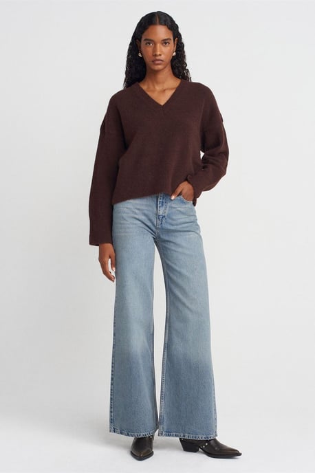 Damen V-Ausschnitt Rippstrickpullover - Image 4
