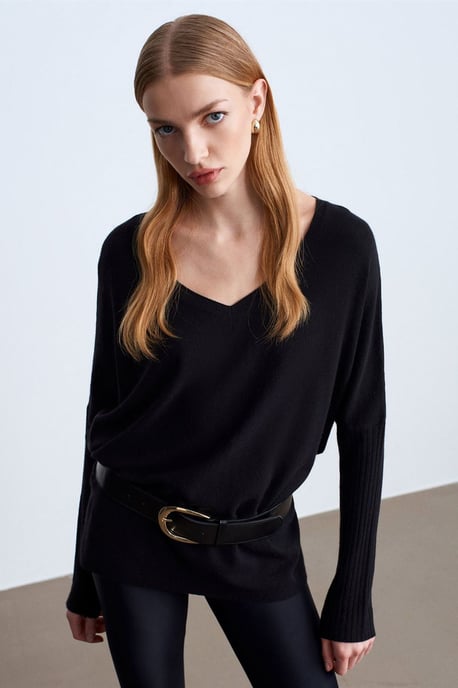 Damen V-Ausschnitt Rippstrickpullover - Image 2