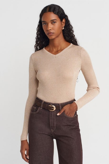Damen Slim Fit V-Ausschnitt Rippstrickpullover - Image 1