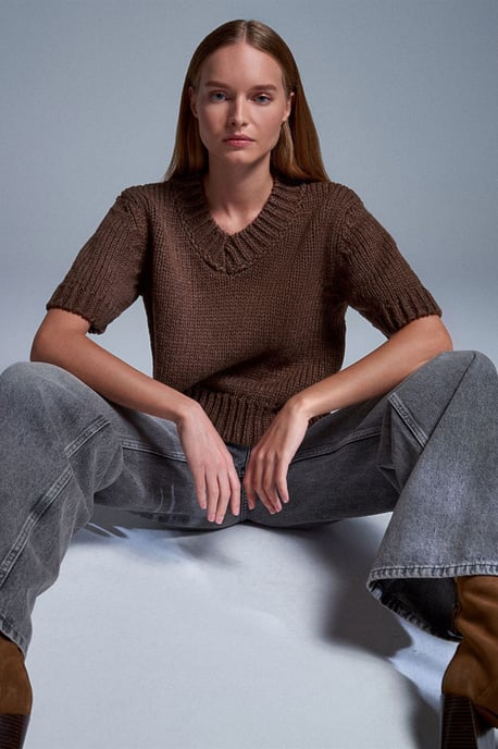 Damen V-Ausschnitt Rippstrickpullover - Image 3