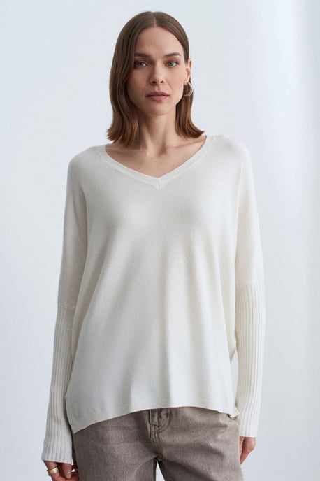 Damen V-Ausschnitt Rippstrickpullover - Image 2