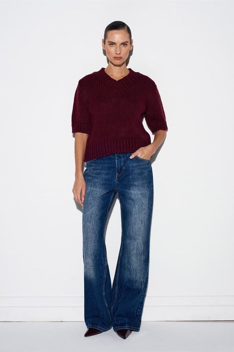 Damen V-Ausschnitt Ripp-Strickpullover - Image 5