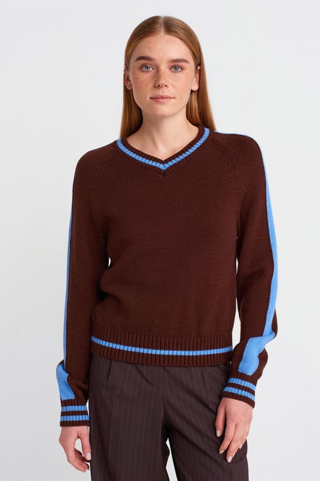 Gestreifter V-Ausschnitt Rippstrickpullover - Image 1