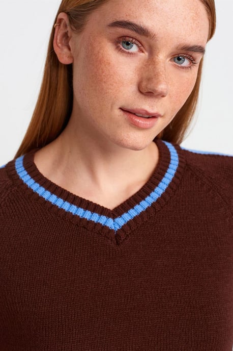 Gestreifter V-Ausschnitt Rippstrickpullover - Image 4