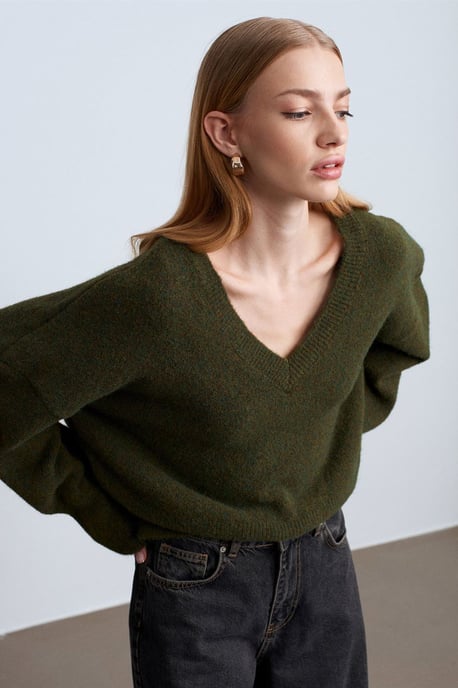 Damen V-Ausschnitt Rippstrickpullover - Image 1