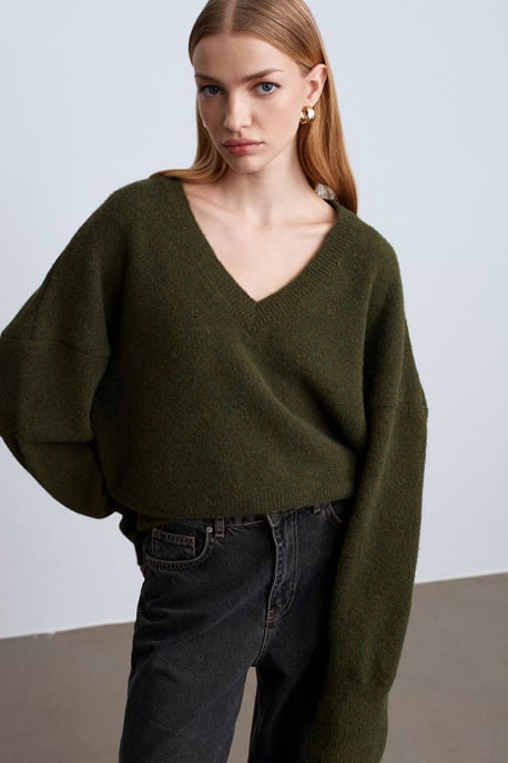 Damen V-Ausschnitt Rippstrickpullover - Image 3