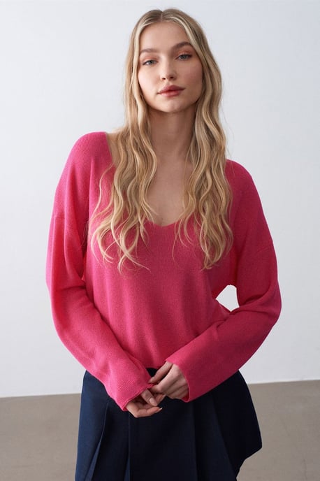 Damen V-Ausschnitt Rippstrickpullover - Image 3