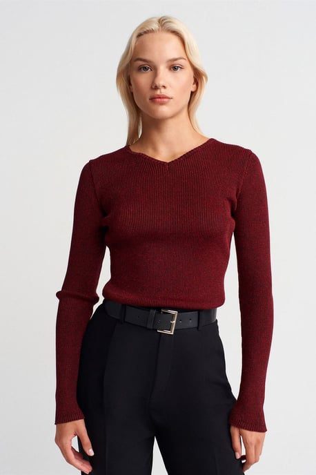 Damen Slim Fit V-Ausschnitt Gerippter Pullover - Image 1