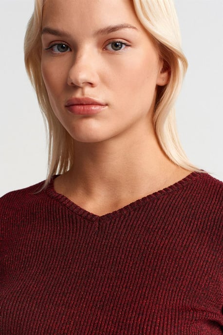 Damen Slim Fit V-Ausschnitt Gerippter Pullover - Image 3