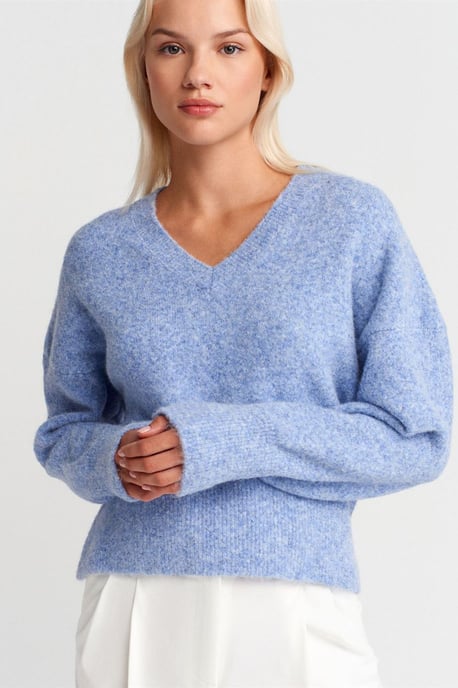 Damen V-Ausschnitt Rippenstrickpullover - Image 3