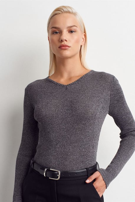 Damen Slim Fit V-Ausschnitt Rippenpullover - Image 3