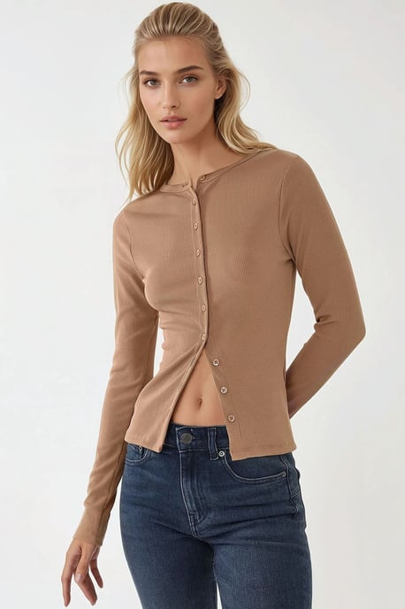Strukturierte Strick Slim Fit Langarmbluse mit Knöpfen - Image 1