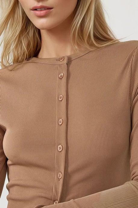 Strukturierte Strick Slim Fit Langarmbluse mit Knöpfen - Image 3