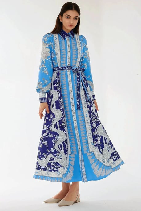 Bedrucktes Maxikleid mit langen Ärmeln und Gürtel - Image 1