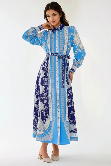 Bedrucktes Maxikleid mit langen Ärmeln und Gürtel - Image 2
