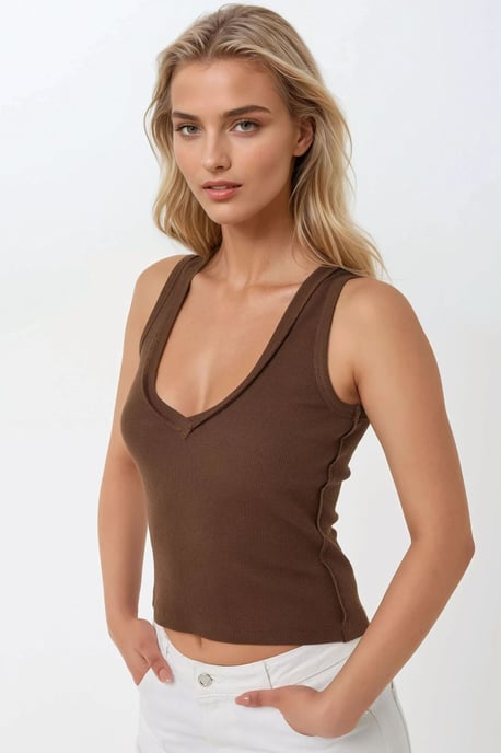 Stitch-Details Strukturierte V-Ausschnitt Ärmellose Slim Fit Bluse - Image 3