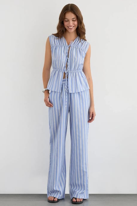 Gestreifte ärmellose Knopf-Peplum-Bluse - Image 2