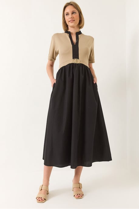 Gürtelter V-Ausschnitt Midi A-Linien Kleid - Image 1