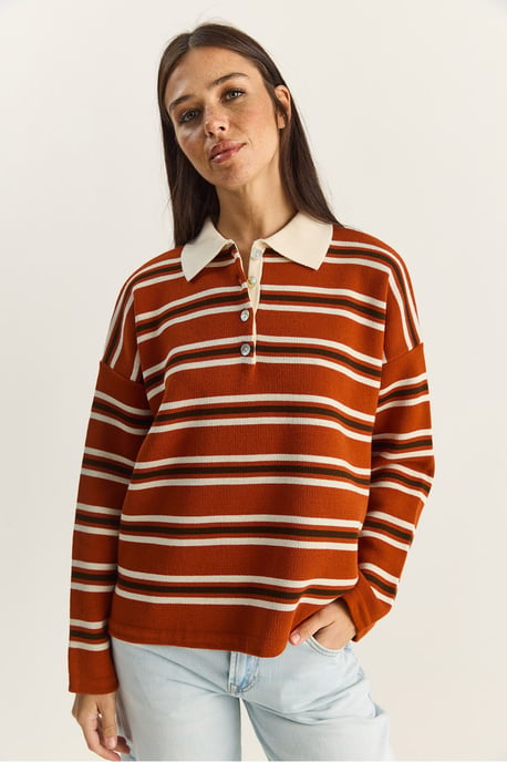 Gestreifter Polo-Kragen Knopf-Pullover - Image 2