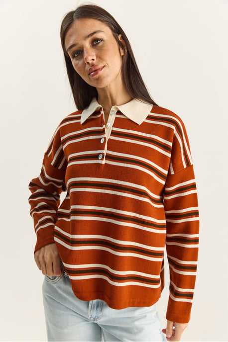 Gestreifter Polo-Kragen Knopf-Pullover - Image 3