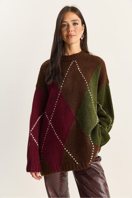 Übergroßer Strickpullover mit Rautenmuster - Image 2