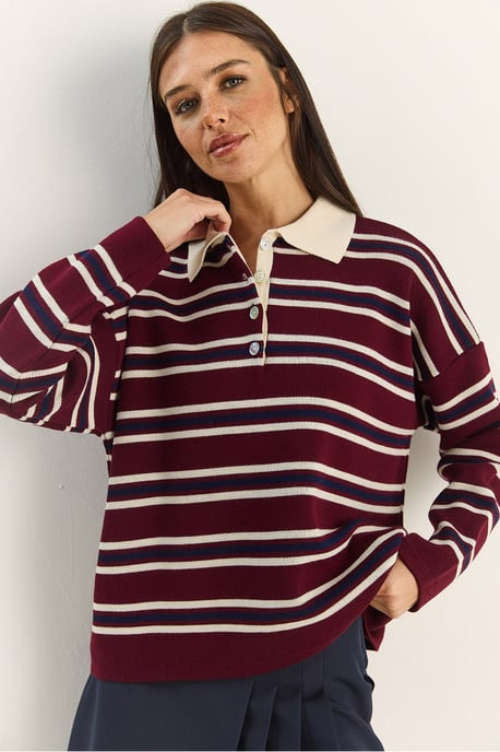 Gestreifter Polo-Kragen Knopf-Pullover - Image 2